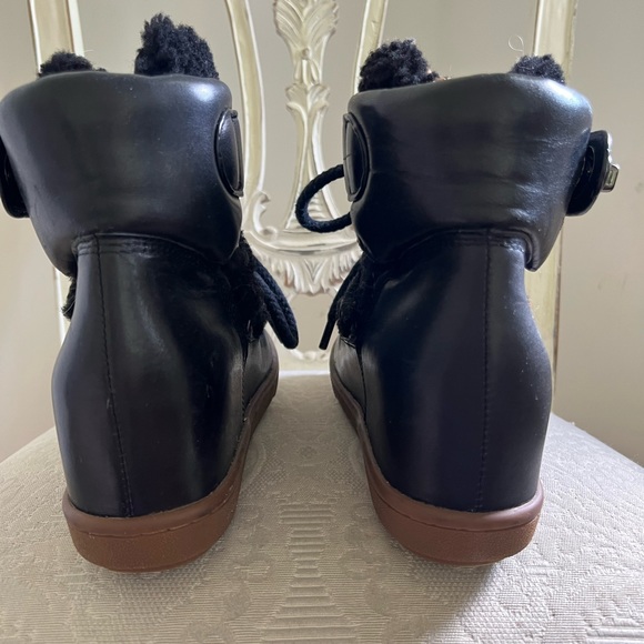 Leather & Fabric Coach Ankle Boots with hidden wedge at Heel 3” , Front 3/4 “ - Picture 4 of 5